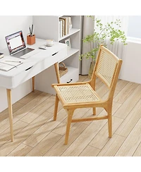 Slickblue Teak Wood Dining Chair with Rattan Cane Backrest, Modern Woven Accent Seating