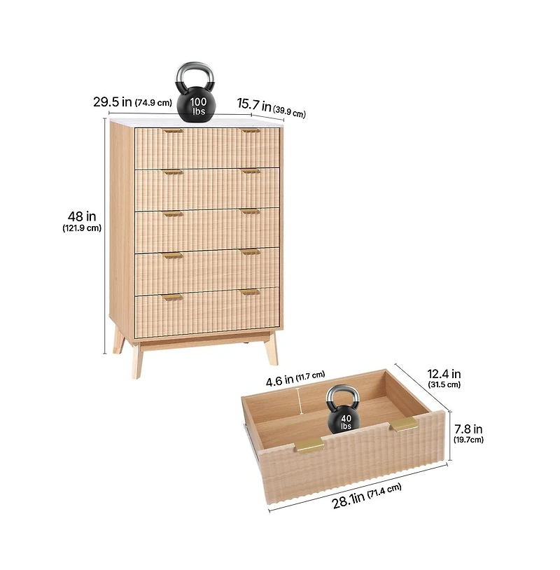Sugift 5 Fluted Drawer Dresser Wooden Chest of Drawers with Sliding and Anti-tip Device Modern