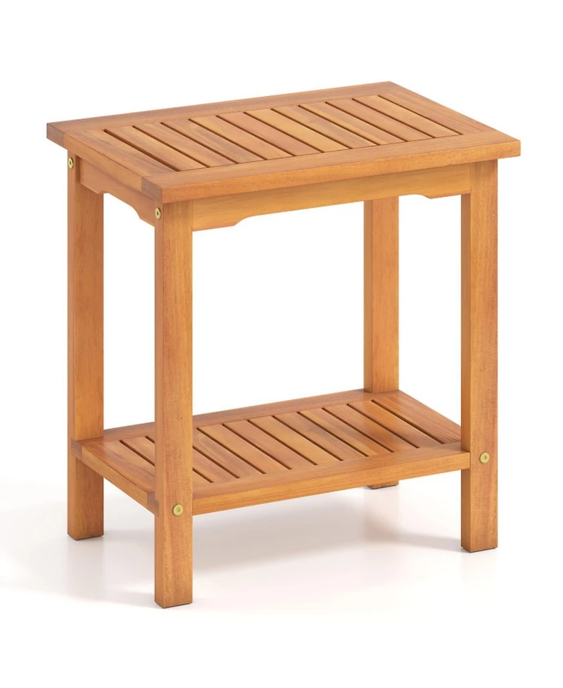 Gouun 2-Tier Outdoor Acacia Wood Side Table with Slatted Tabletop and Storage Shelf, 19.5 in