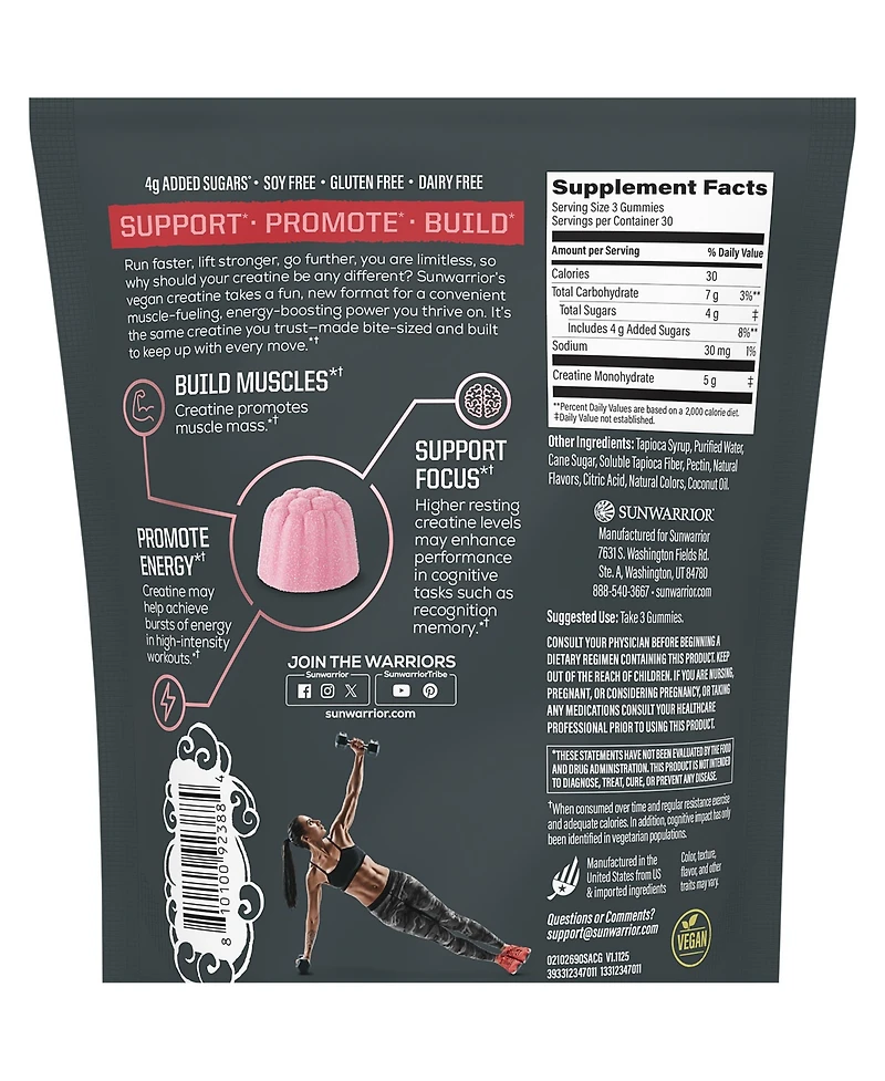 Sunwarrior Active Creatine Gummies Strawberry 5g Creatine 90 Count