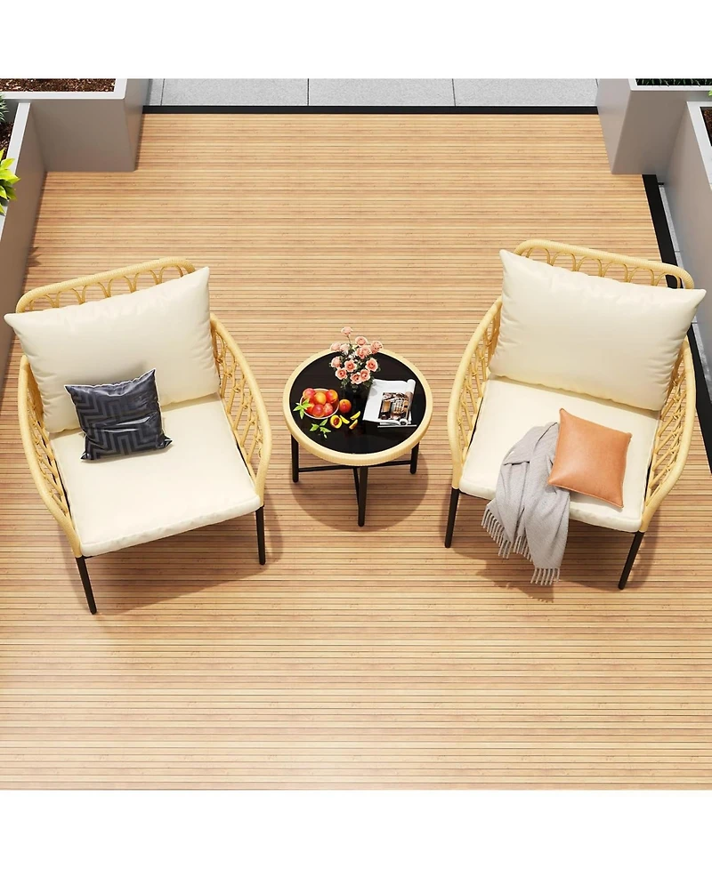 gaomon 3-Piece Patio Bistro Set with Cushions and Glass Top Table
