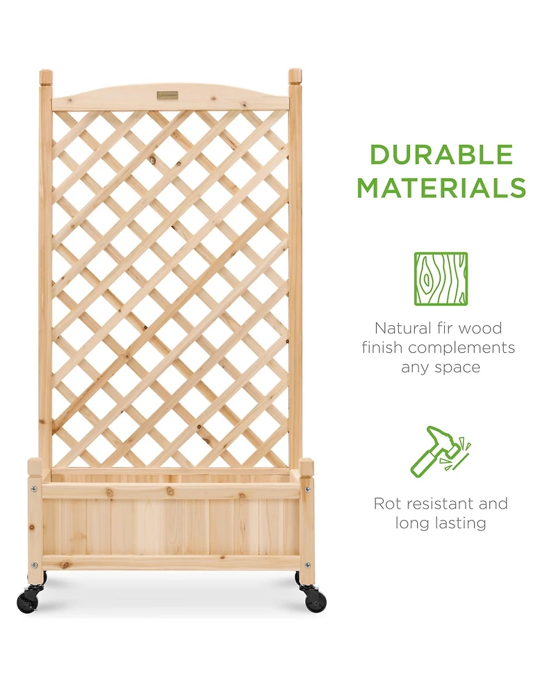 Best Choice Products Set of 2 48in Wood Planter Box & Diamond Lattice Trellis, w/ Drainage, Optional Wheels - Walnut