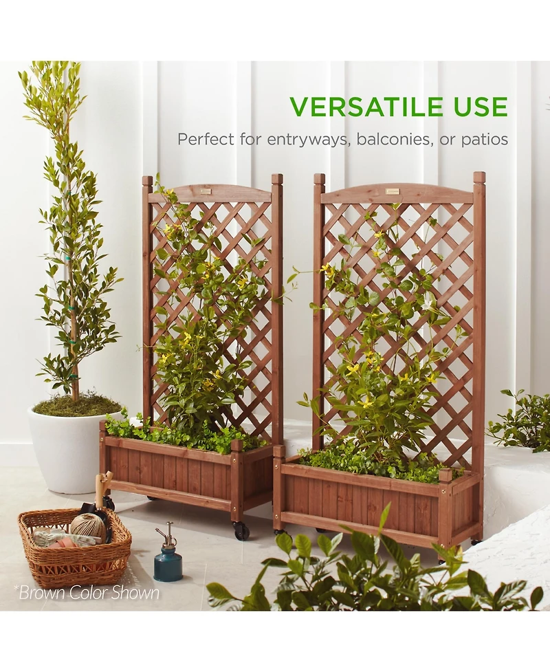 Best Choice Products Set of 2 48in Wood Planter Box & Diamond Lattice Trellis, w/ Drainage, Optional Wheels - Walnut