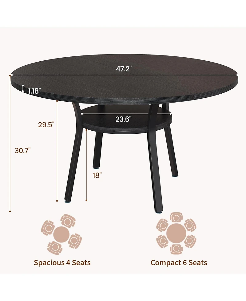 gaomon 47" Round Dining Table for 4-6, Wood Kitchen with Shelf Farmhouse Circle Dinner