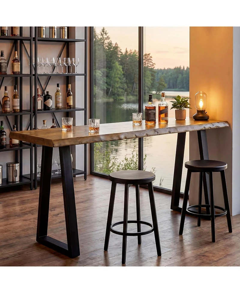 Tribesigns Solid Wood Bar Table, 63" Live Edge Counter Height Table with Metal Legs, Rustic Industrial Long Pub Table