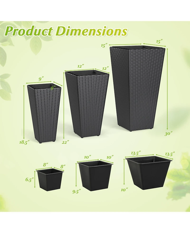 Gymax Set of 3 Rattan Plant Pots with Removable Plastic Liners Pre-Marked Drainage Holes