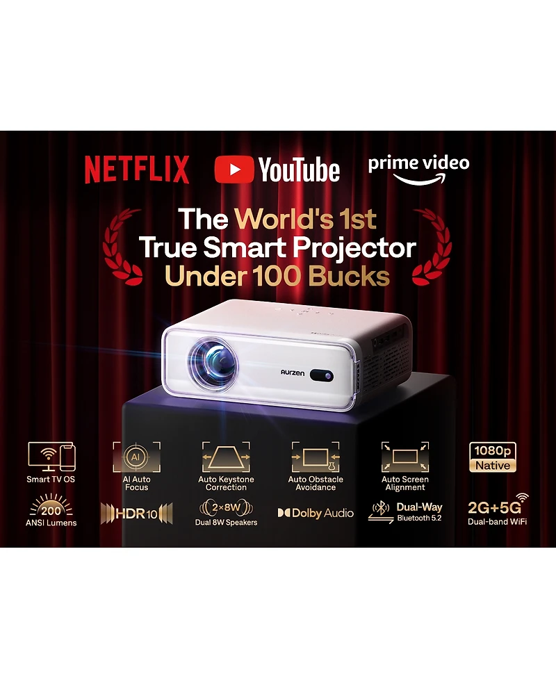 Aurzen Mini Smart Projector with NetfIix Included, Auto Focus and Keystone, 16W DoIby Audio, for Home Theater and Outdoor Use