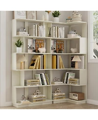 Rainsken 5 Tier L Shaped Bookcase, Modern Geometric Wood Corner Bookshelf, for Home Office, Living Room, Bedroom