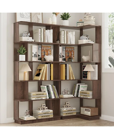 Rainsken 5 Tier L Shaped Bookcase, Modern Geometric Wood Corner Bookshelf, for Home Office, Living Room, Bedroom