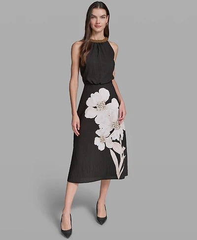 Karl Lagerfeld Paris Women's Floral Print Halter Neck Midi Dress