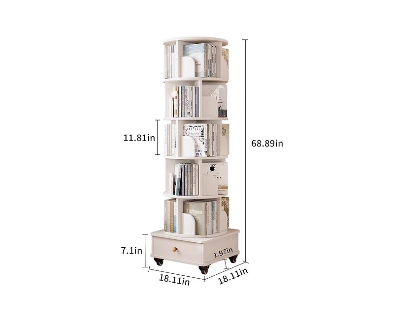sumyeg 360 Degree Rotating Display Corner Bookshelf 6 Tier Bookcase Storage Rack with Wheels
