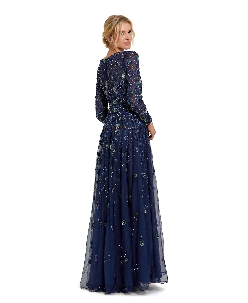 Women's Embellished High Neck Long Sleeve A Line Gown