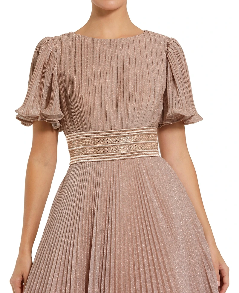 Mac Duggal Women's Pleated Shimmering Georgette Flutter Sleeve Gown