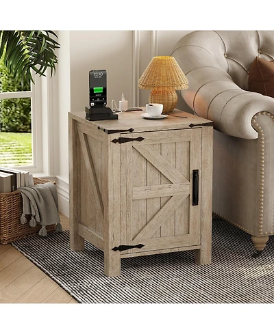 Homfan Rustic Farmhouse Bedside Cabinet with Usb Charging Station, 18" Wide Top, Sliding Barn Door, and Adjustable Shelf for Bedroom or Living Room.