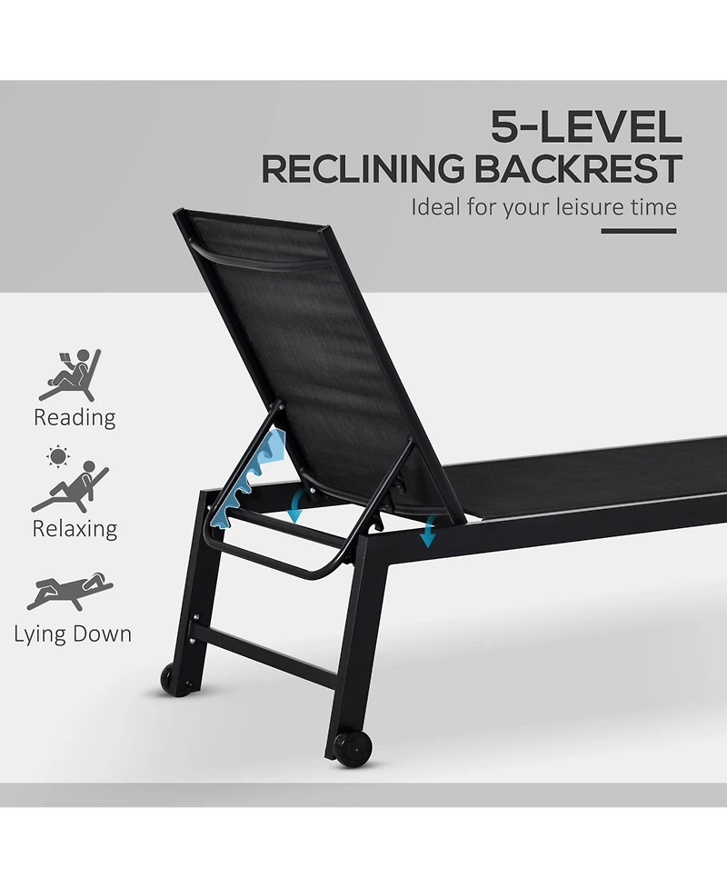 Outsunny Patio Garden Sun Chaise Lounge Chair with 5-Position Backrest, 2 Back Wheels, & Industrial Design, Black