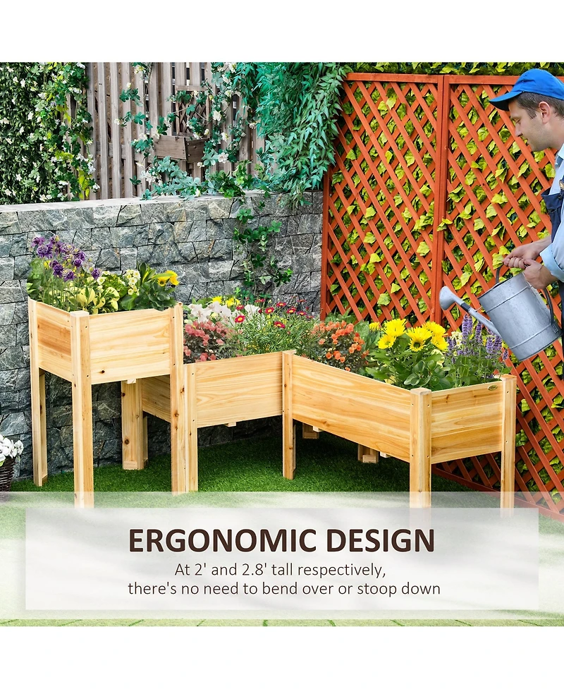 Raised Garden Bed, Set of 3 Wood Box & Trough Planters, Draining
