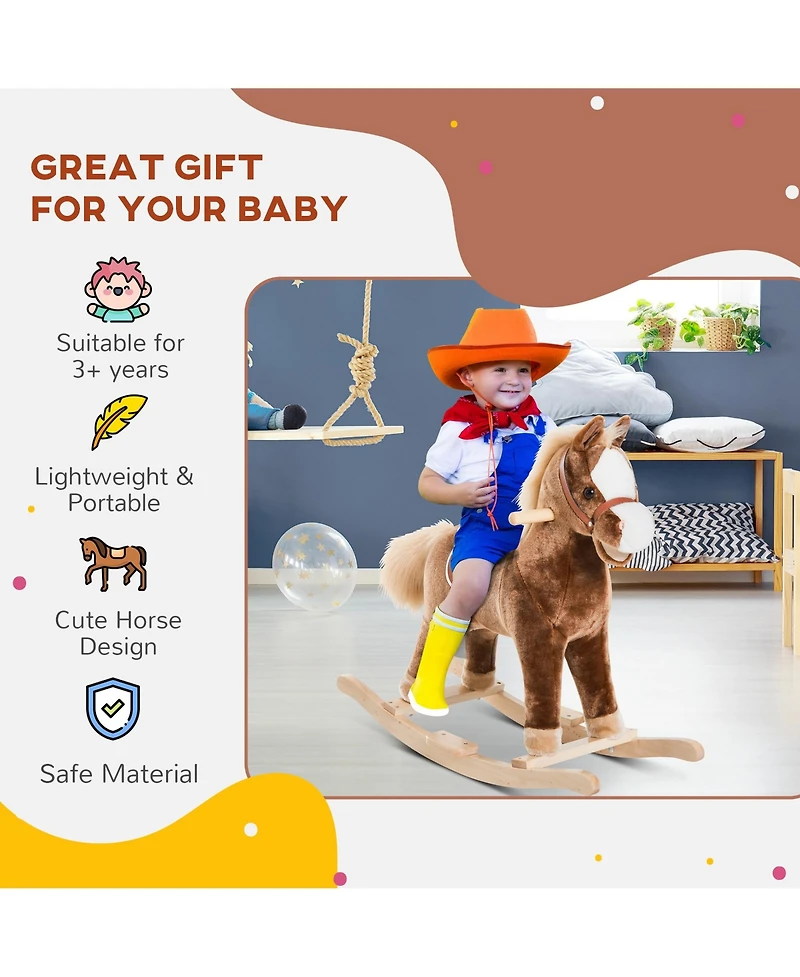 Qaba Kids Rocking Horse, Plush Toddler Rocker, Wooden Base Ride On Toy
