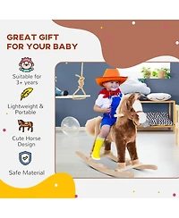 Qaba Kids Rocking Horse, Plush Toddler Rocker, Wooden Base Ride On Toy