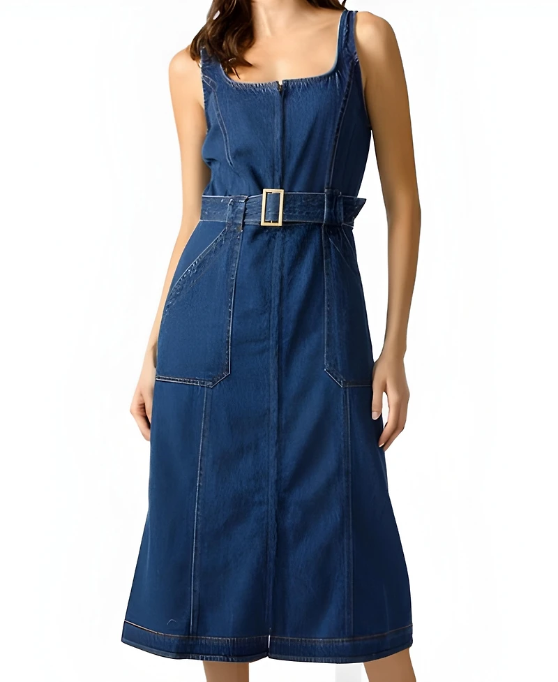 Modenaire Women's Square-Neck Zip-Front Denim Midi Dress with Belt