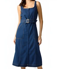 Modenaire Women's Square-Neck Zip-Front Denim Midi Dress with Belt