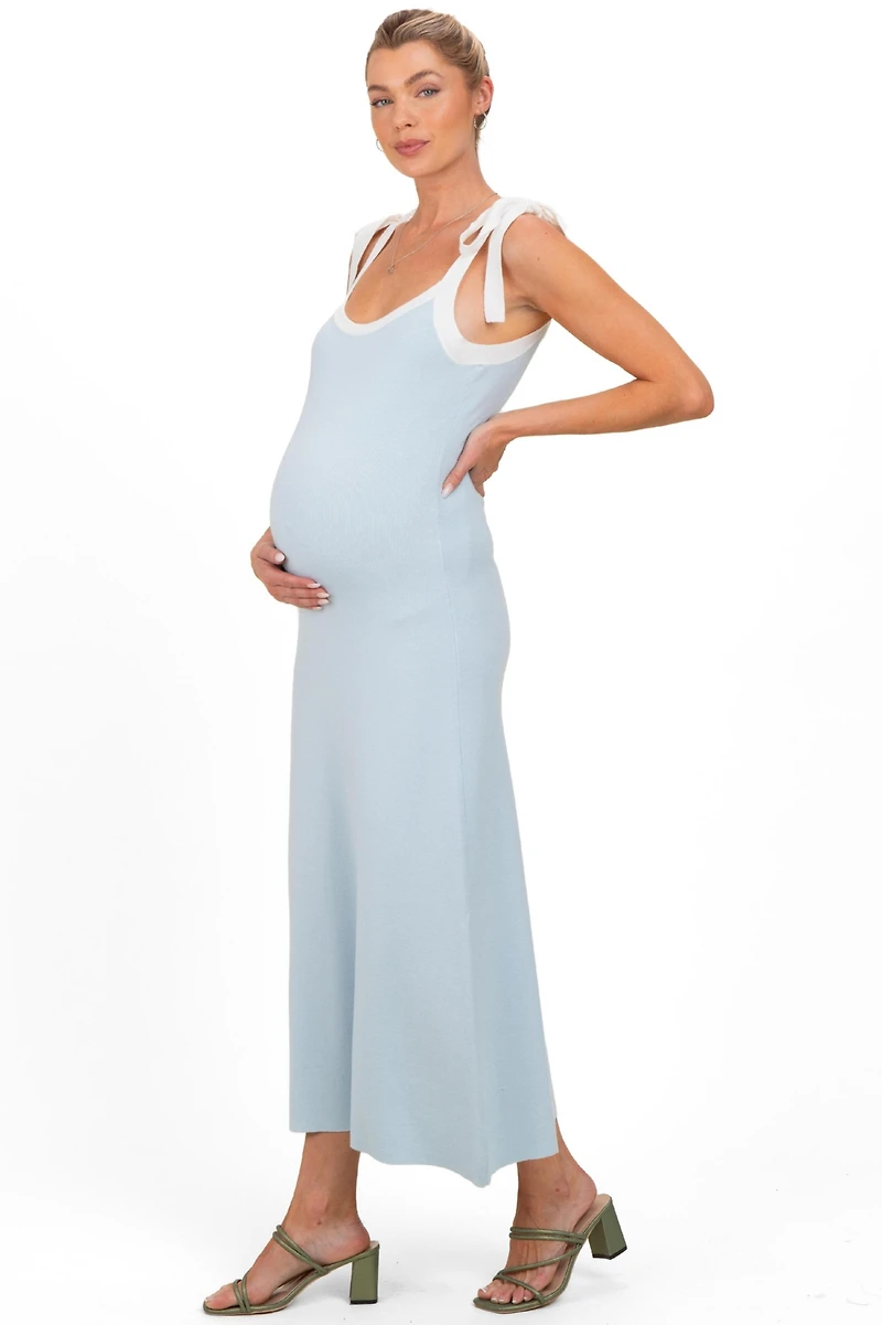 Pinkblush Maternity Light Blue Knit Contrast Shoulder Tie Dress