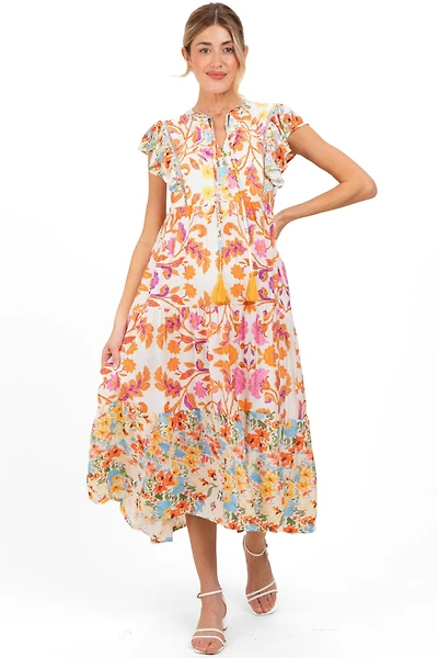 Pinkblush Maternity Orange Colorblock Floral Tassel Front Tie Dress