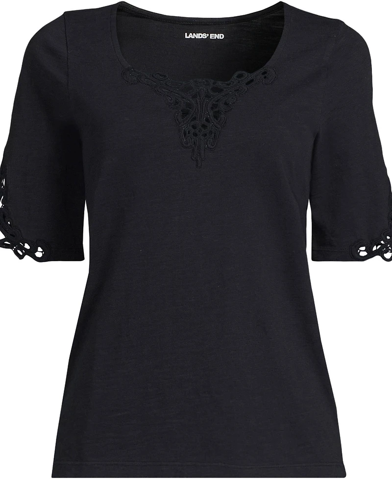Lands' End Plus Elbow Sleeve Slub Lace Trim T-Shirt