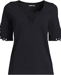 Lands' End Plus Elbow Sleeve Slub Lace Trim T-Shirt