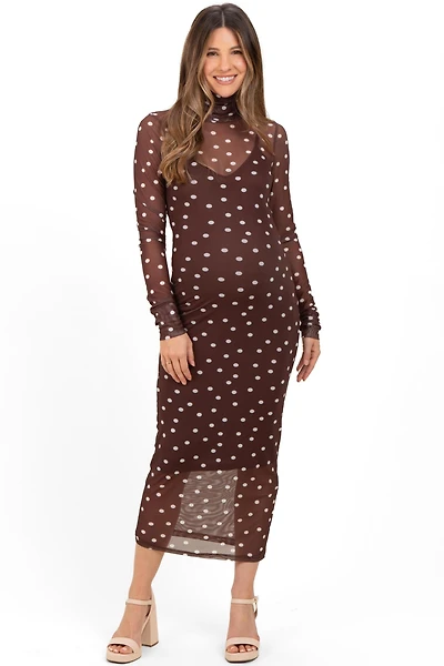 Pinkblush Maternity Mocha Polka Dot Mesh Overlay Midi Dress