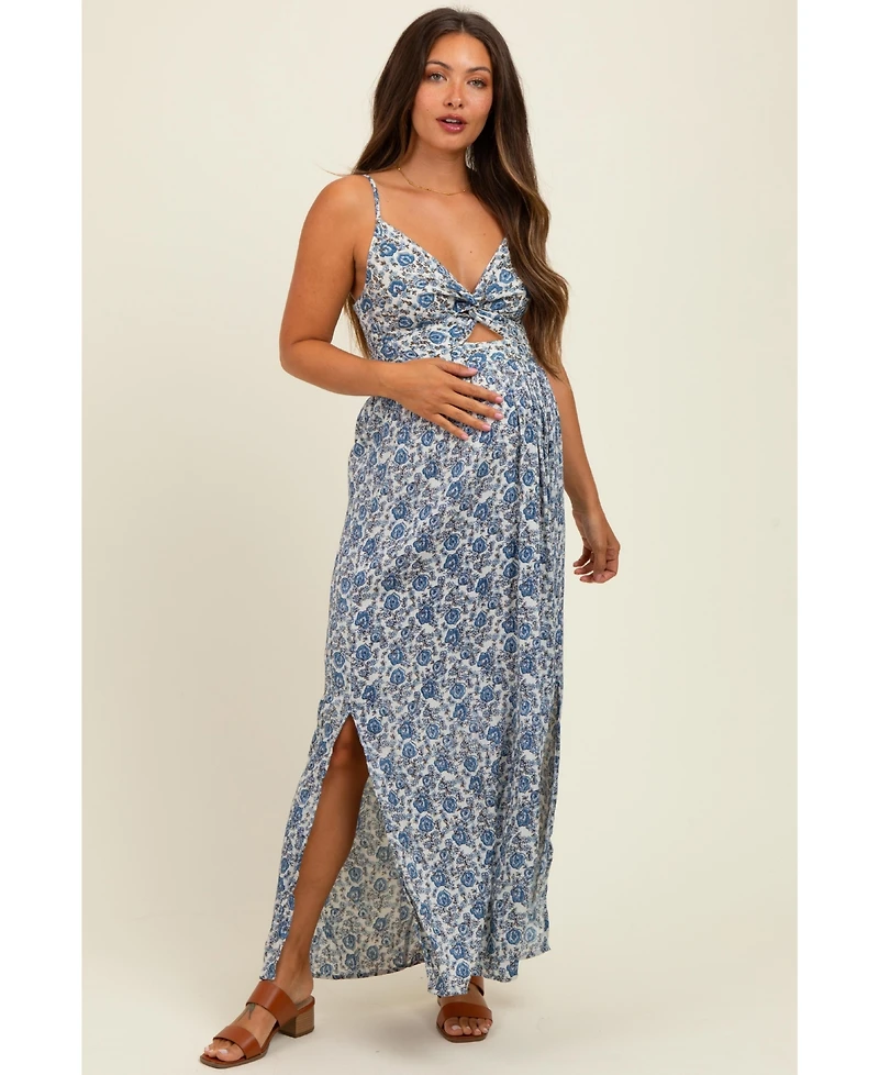 Pinkblush Maternity Blue Floral V-Neck Twist Front Keyhole Maxi Dress
