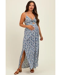 Pinkblush Maternity Blue Floral V-Neck Twist Front Keyhole Maxi Dress