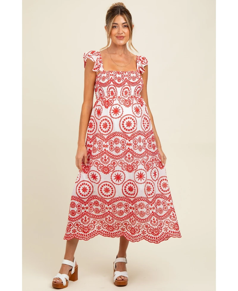 Pinkblush Maternity Red Embroidered Smocked Cutout Midi Dress