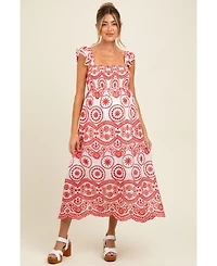 Pinkblush Maternity Red Embroidered Smocked Cutout Midi Dress