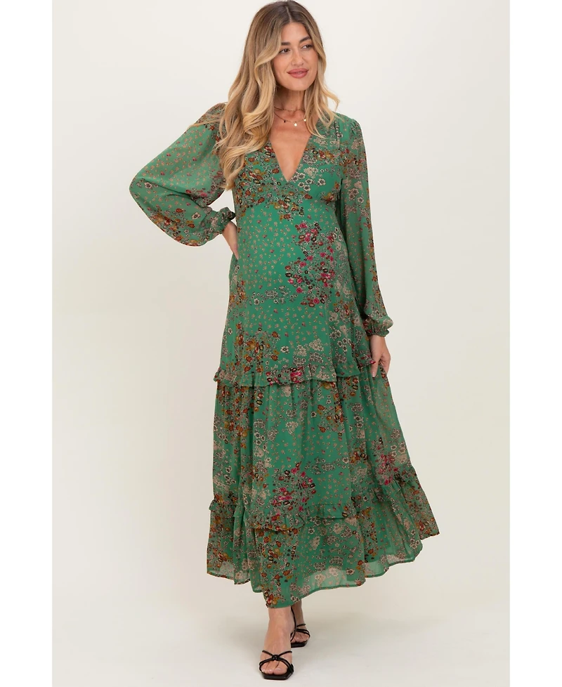 Pinkblush Maternity Green Floral Chiffon V-Neck Long Sleeve Maxi Dress
