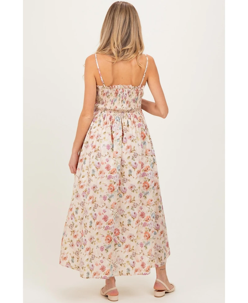 Pinkblush Women's Cream Floral Smocked Ruffle Detail Maternity Midi Dress
