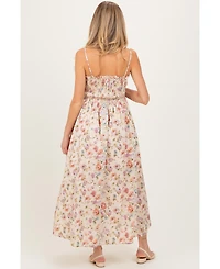 Pinkblush Women's Cream Floral Smocked Ruffle Detail Maternity Midi Dress