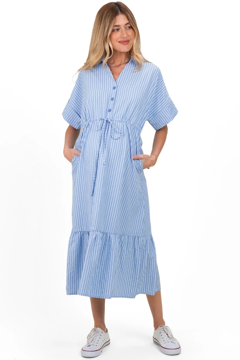 Pinkblush Maternity Light Blue Striped Button Collared Midi Dress