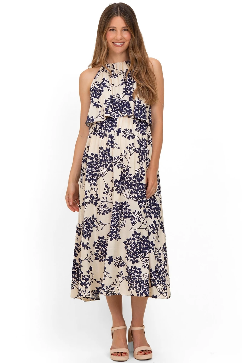Pinkblush Maternity Navy Floral Flounce Halter Midi Dress