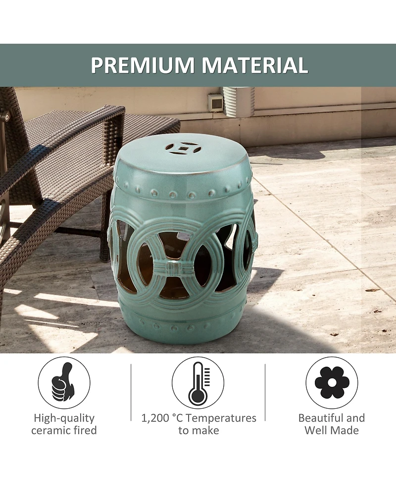 Outsunny 14" x 17" Ceramic Side Table Garden Stool with Knotted Ring Design & Glazed Strong Materials, Antique Blue