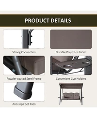 Outsunny Outdoor Patio 3-Person Steel Canopy Cushioned Seat Bench Swing with Included Side Trays & Padded Comfort, Brown