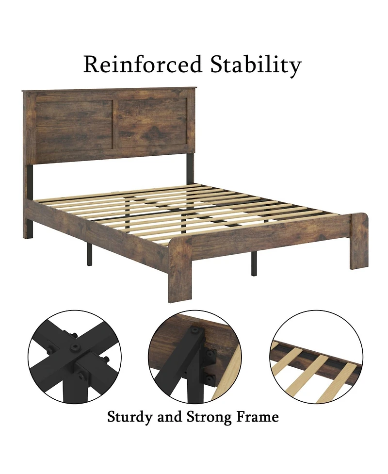 Rainsken Wood Bed Frame with Headboard, Rustic Farmhouse Platform Bed Frame, 12 Wood Slats Support, No Box Spring Needed