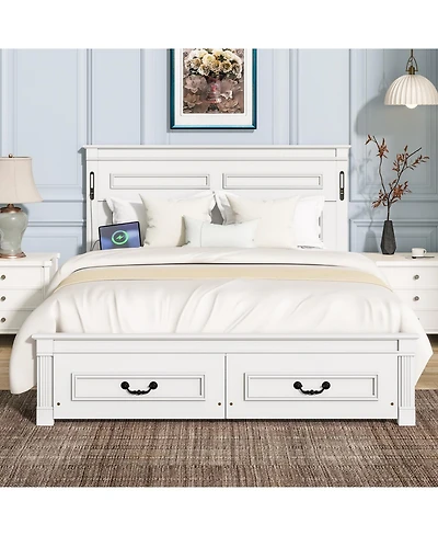 Rainsken Queen Bed Frame, with 2 Storage Drawers and Tall Headboard, Built-In Charging Station Led Lights