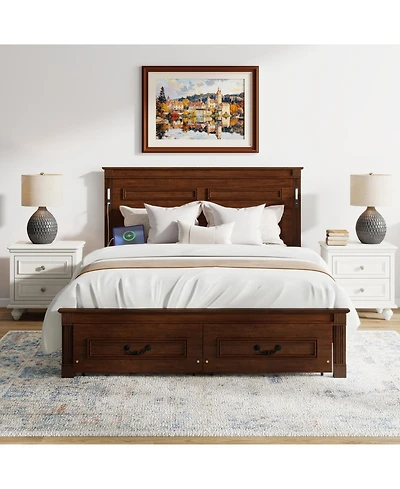 Rainsken Queen Bed Frame, with 2 Storage Drawers and Tall Headboard, Built-In Charging Station Led Lights