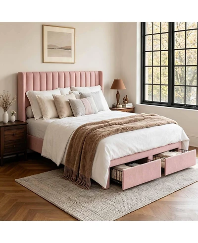gaomon Velvet Wingback Platform Bed with 2 Storage Drawers Upholstered Bed Frame, Wooden Slats, No Box Spring Needed
