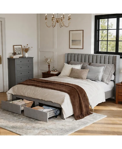 gaomon Velvet Wingback Platform Bed with 2 Storage Drawers Upholstered Bed Frame, Wooden Slats, No Box Spring Needed
