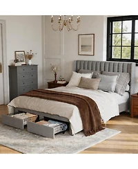 gaomon Velvet Wingback Platform Bed with 2 Storage Drawers Upholstered Bed Frame, Wooden Slats, No Box Spring Needed