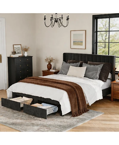 gaomon Velvet Wingback Platform Bed with 2 Storage Drawers Upholstered Bed Frame, Wooden Slats, No Box Spring Needed
