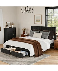 gaomon Velvet Wingback Platform Bed with 2 Storage Drawers Upholstered Bed Frame, Wooden Slats, No Box Spring Needed
