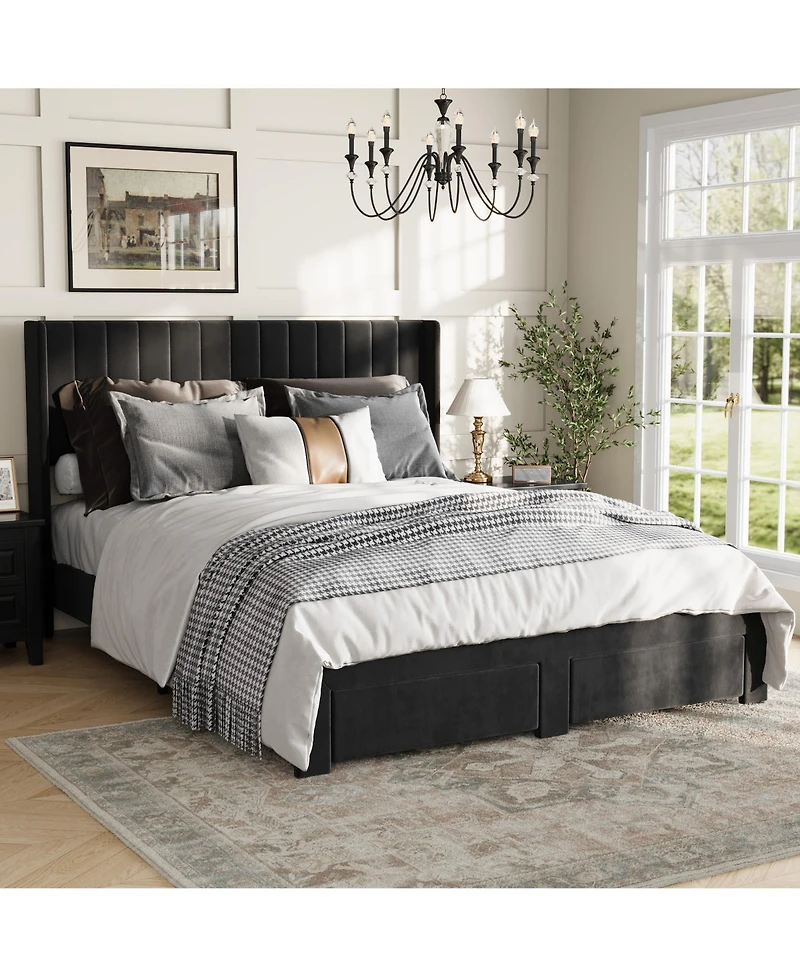 gaomon Velvet Wingback Platform Bed with 2 Storage Drawers Upholstered Bed Frame, Wooden Slats, No Box Spring Needed