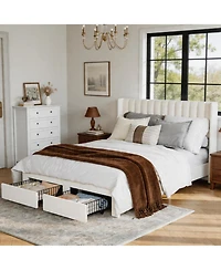 gaomon Velvet Wingback Platform Bed with 2 Storage Drawers Upholstered Bed Frame, Wooden Slats, No Box Spring Needed